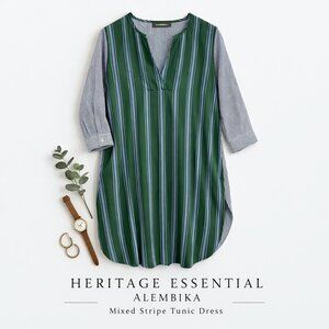 Alembika Mixed Stripe Tunic Dress Size 1 Green Pockets Lagenlook